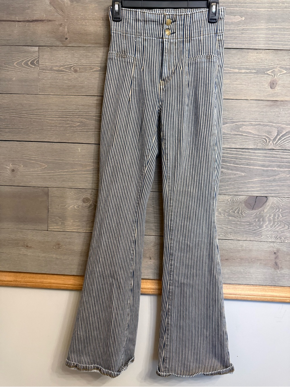 Free People Vertical Stripe High-Waist Flare Jeans - Black & White